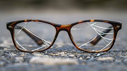 Modern spectacle glasses frame with lenses which are broken, neutral background, copy and text space, 16:9