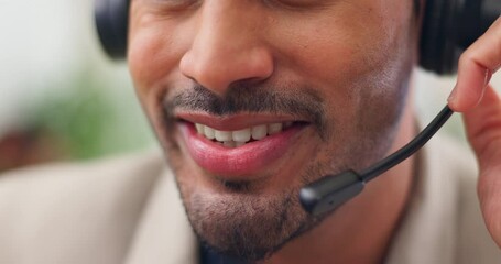 Wall Mural - Closeup, talking and man with microphone in call center for career, smile or telecommunication. Office, business person or consultant for advice, support or answer questions for customer service