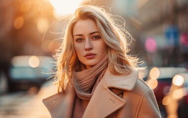 Wall Mural - A blonde woman wearing a tan coat is standing on a city street