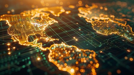 Poster - A pixelated world map with chunky continents, glowing nodes representing major data hubs, pulsating beams of light as network traffic