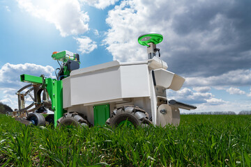 Poster - Autonomous wheeled robot is working in an agricultural field. Using artificial intelligence on a smart farm..