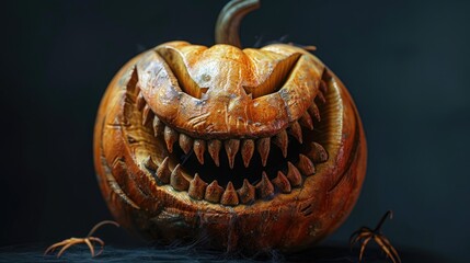 Wall Mural - Sinister grin pumpkin for Halloween against dark backdrop Face isolated on black background