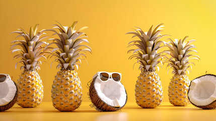 Series of pineapples and a coconut wearing sunglasses on a yellow background on plain white color backgound