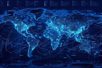 Poster - Global network map in blueprint style, major data centers marked, fiber-optic routes traced with dashed lines, ocean cables highlighted