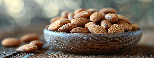 Wall Mural - wide detailed macro closeup background photo of ceramic bowl full of brown color almond nuts on a rustic natural color wooden table  