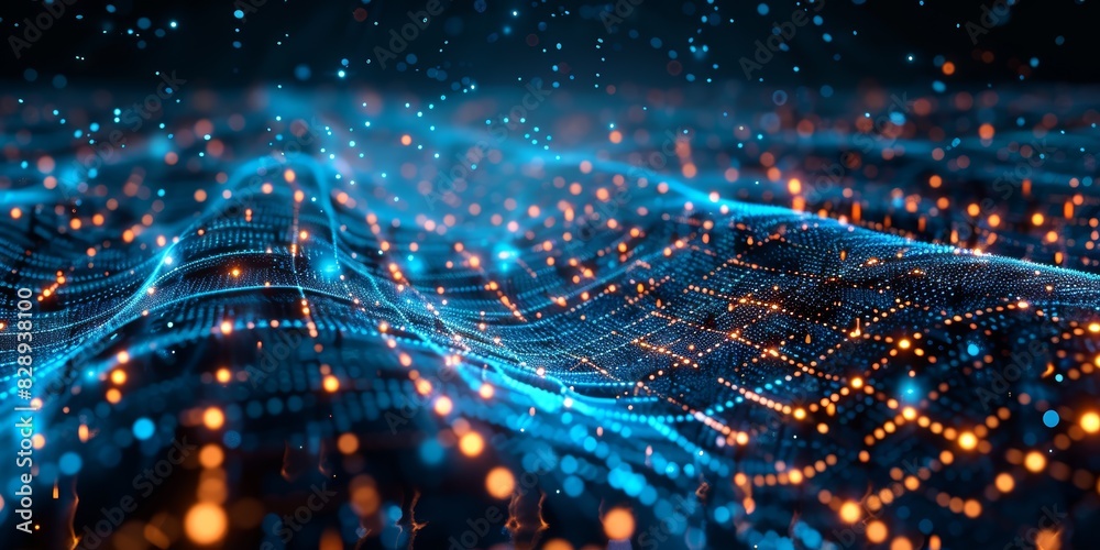 Hightech digital grid with holograms and flowing data streams, creating ...