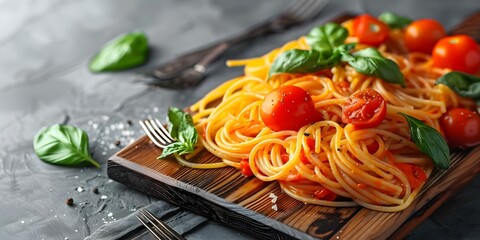 Wall Mural - Spaghetti with tomatoes basil on a wooden board with cutlery. Concept Italian Cuisine, Food Presentation, Wooden Board Display, Tomato Basil Dish, Dining Setup