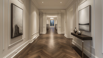 Wall Mural - 
A spacious gallery-style corridor with sleek marble floors, high ceilings with recessed lighting	