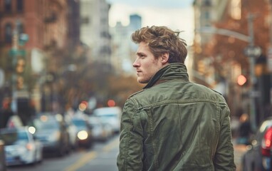 Wall Mural - Handsome young man wearing a green jacket is walking down a city street