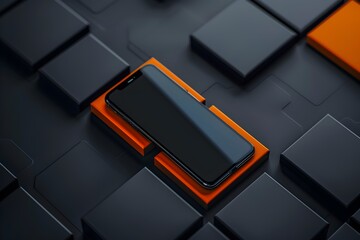 Poster - Minimalist black and orange background with iPhone mockups on dark blue cubes, showcasing the latest design trends for Apple's next generation phone in 2035
