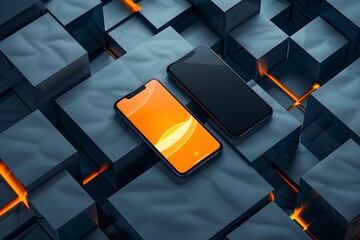 Poster - modern wallpaper, two black and orange iphone mockups in the center of a dark blue and grey cubes pattern background, cinematic lighting, minimalist design, high resolution texture 

