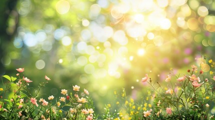 Canvas Print - Abstract Background of Spring Garden with Blurry Flowers and Trees