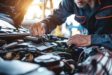 A mechanic at work reading data from a scan tool while diagnosing a car under an open hood with car parts visible in the background