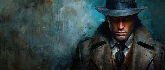 A man in a fedora and trench coat stands against a textured background.