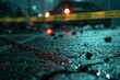 © Narin - A detailed view of a crime scene with a chalk outline, bloodstains, and evidence markers, police tape in the background