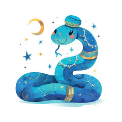 Wall Mural - 2025 blue snake with a turban on its head and a star on its nose. The snake is smiling and has a tongue sticking out