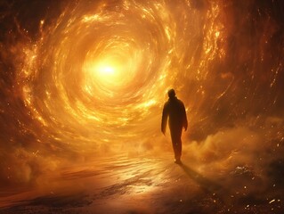 Wall Mural - A man walks through a tunnel in a yellowish orange sky. The tunnel is very long and the sky is very bright