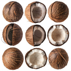 Coconut in nut shells isolated on white, set isolated on white background, cinematic, png
