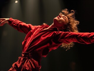 Canvas Print - A man in a red shirt is dancing in the air. Concept of freedom and joy, as the man is fully engaged in his dance. The red color of the shirt and the man's hair adds to the energetic