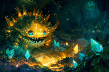 Canvas Print - A luminous monster with a radiant smile, lighting up a dark cave with glowing crystals --ar 3:2 Job ID: 9628eada-2caf-455a-a150-18e19a0f7c11