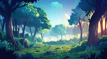 Wall Mural - a cartoon - style image of a green forest filled with rocks and trees