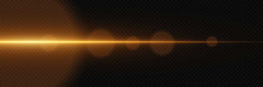 Golden explosion of glare. Magic neon light, horizontal beam. On a transparent background.