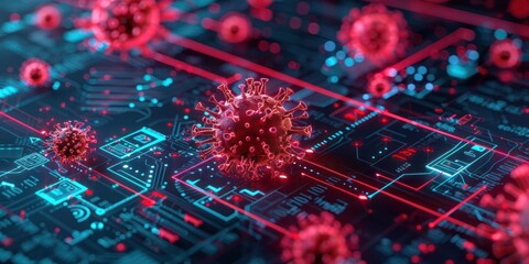 Digital representation of viruses on a circuit board, illustrating cybersecurity threats and the concept of computer virus attacks.