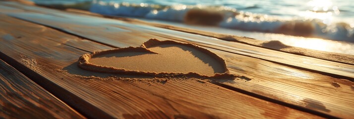 Wall Mural - Romantic heart shape drawn in the sand with golden sunlight and waves in the background, evoking love