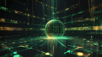 Technology concept abstract digital data flow background illustration with golden and green lights bright foreground and dark background. Web, internet, connection etc.