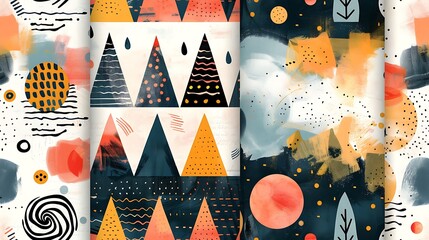 Wall Mural - Abstract colorful pattern with geometric shapes and brush strokes suitable for background or wallpaper design. 