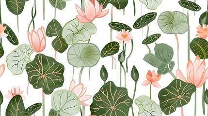 Wall Mural - A seamless pattern of stylized lotus flowers and leaves creating a tranquil botanical wallpaper design.