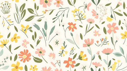 Wall Mural - A seamless floral pattern with a variety of colorful flowers and leaves on a cream background suitable for fabric or wallpaper designs.