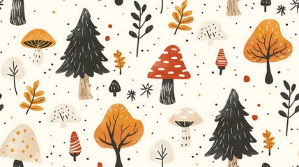 A whimsical forest pattern with stylized trees, mushrooms, and foliage in a warm color palette suitable for fabric and wallpaper designs. 