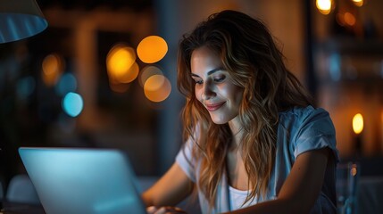 Poster - Young businesswoman typing enthusiastically on her laptop
