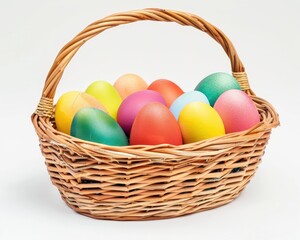 Wall Mural - Easter Basket With Colourful Eggs - Group of Green and Yellow Eggs in Basket on White Background