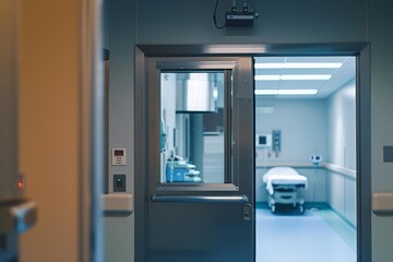 A modern operating room seen through a partially open door with details blurred to ensure patient privacy and focus on the setting