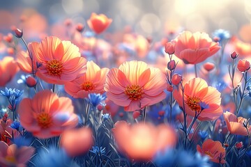 a field of pink and blue flowers with a blue sky in the background