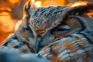 Wall Mural - an owl sitting in the sun, with yellow light coming through its face