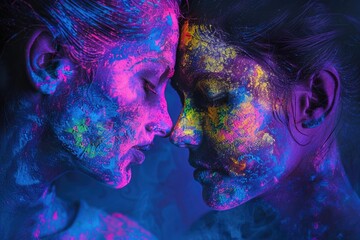 Wall Mural - Fluorescent powder painting of lovers portrait.