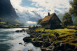 © ADDICTIVE STOCK - Traditional Norwegian Cabin by a Mountain River. Generative AI image
