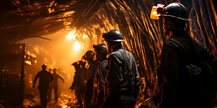 Workers in orange helmets in coal mine deal with difficult evacuation following explosion. Concept Coal Mining, Worker Safety, Evacuation Procedures, Emergency Response, Industrial Accidents