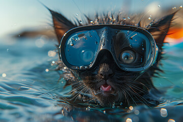 A wet black kitten wearing large diving goggles, swimming in the ocean with an expressive face