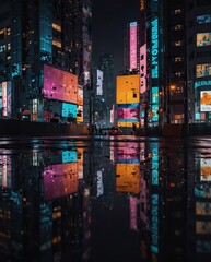 Wall Mural - Cityscape illustration, modern buildings with colorful billboards, street puddles reflecting lights.