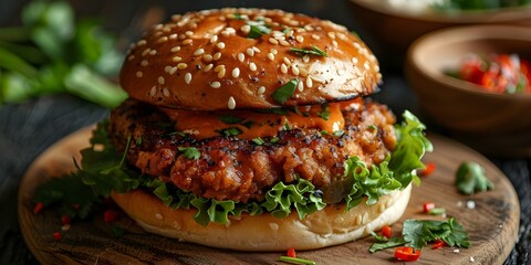 Wall Mural - Fiery and Flavorful: Spicy Fried Chicken Burger on a Dark Background. Concept Food Photography, Spicy Cuisine, Dark Background, Fried Chicken Burger, Flavorful Presentation