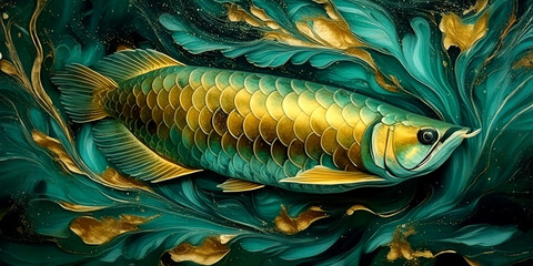 Wall Mural - Golden Arowana fish set against a backdrop of swirling dark and light green tones