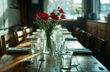 Photography of a long wooden table with empty glasses and napkins 