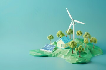 Wall Mural - 3d illustration of a windmill and trees with a solar panel surrounded by nature view