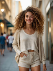 Wall Mural - Young woman with curly hair in beige outfit smiling on busy outdoor street in summer fashion photo