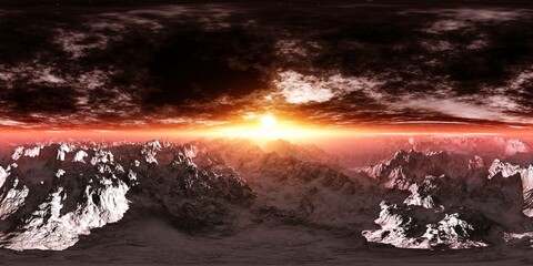 Wall Mural - hdri, round panorama, spherical panorama, 360 high resolution panorama, sunrise over the planet, sun