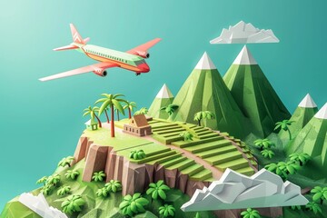 3d illustration of an airplane flying over machu picchu